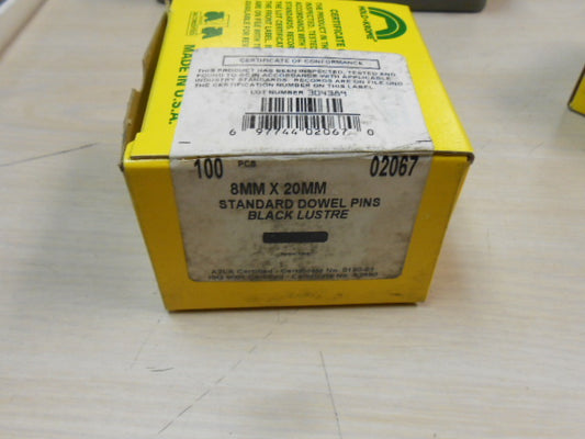 8MM X 20MM STANDARD DOWEL PINS, 100 PER BOX