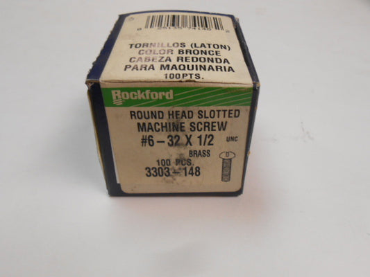 BRASS ROUND HEAD SLOTTED MACHINE SCREW, # 6 - 32 X 1/2, 100 PER BOX