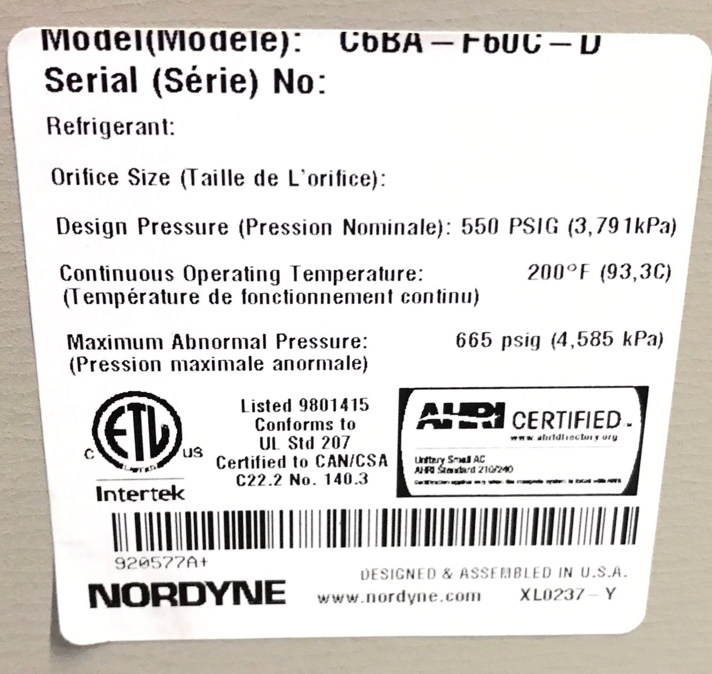 5 Ton AC/HP Upflow Cased A Coil/Less Metering Device CFM 2000