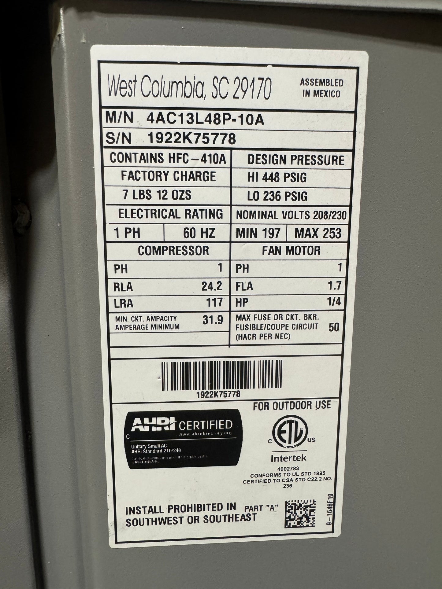 4 Ton Split-System Air Conditioner; 13 SEER, 208-230/60/1 R-410A