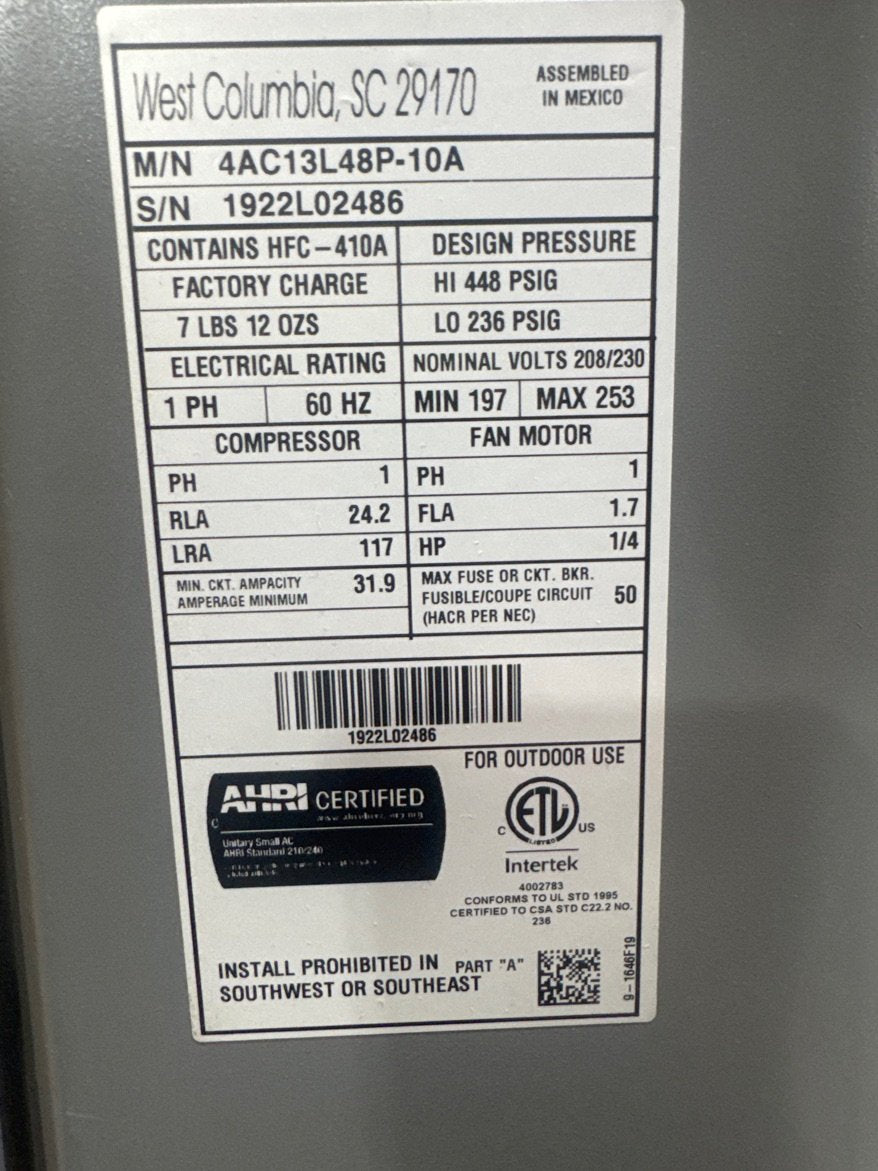 4 Ton Split-System Air Conditioner; 13 SEER, 208-230/60/1 R-410A