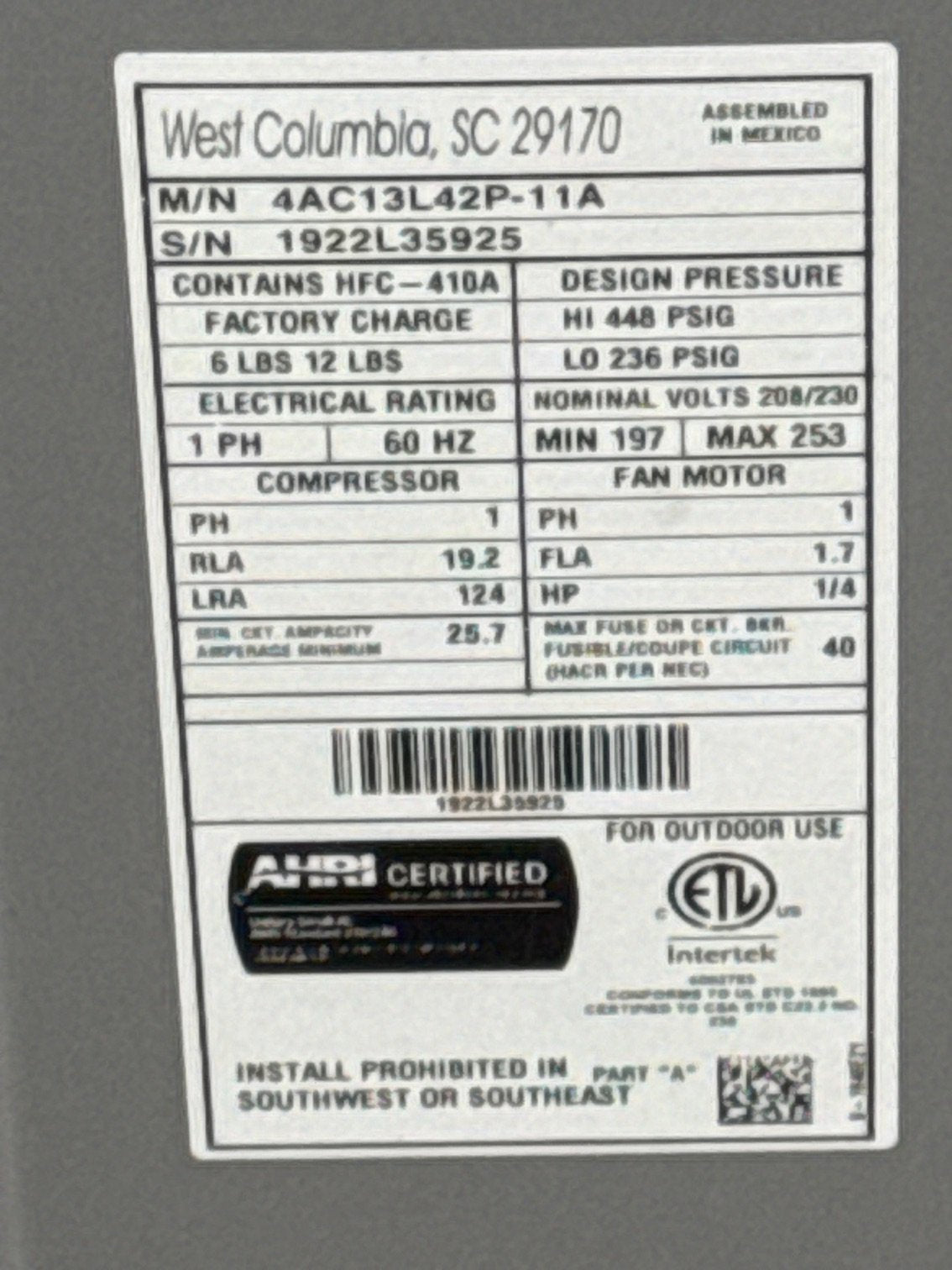 3.5 Ton Split-System Air Conditioner 13 SEER 208-230/60/1 R-410A