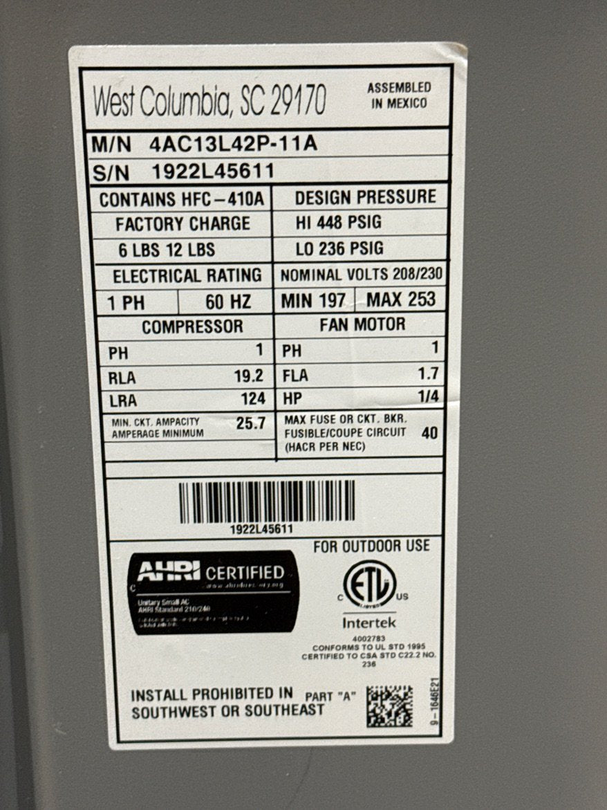 3.5 Ton Split-System Air Conditioner 13 SEER 208-230/60/1 R-410A