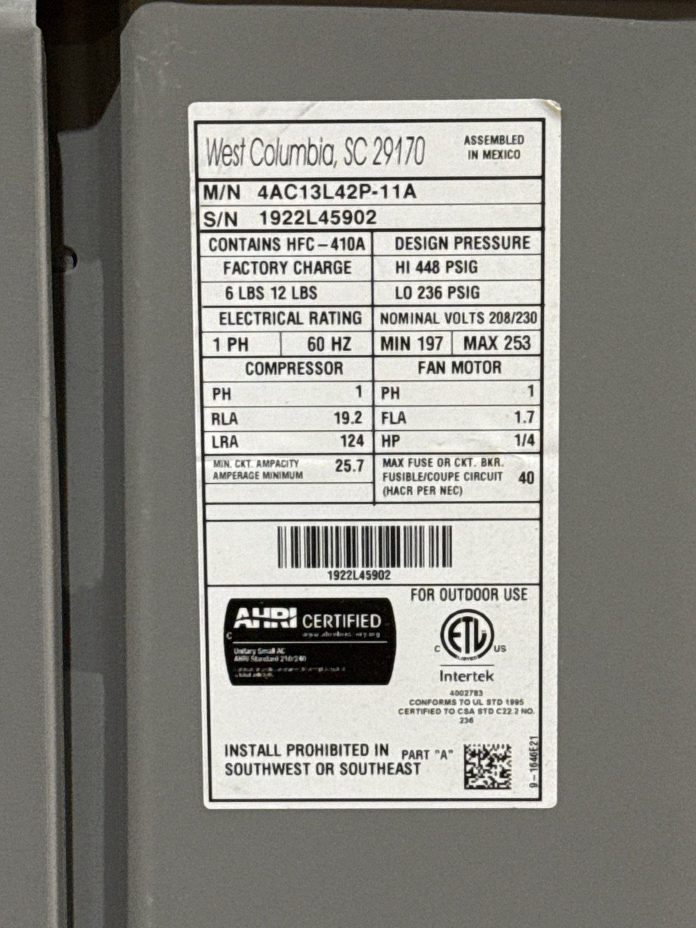 3.5 Ton Split-System Air Conditioner 13 SEER 208-230/60/1 R-410A