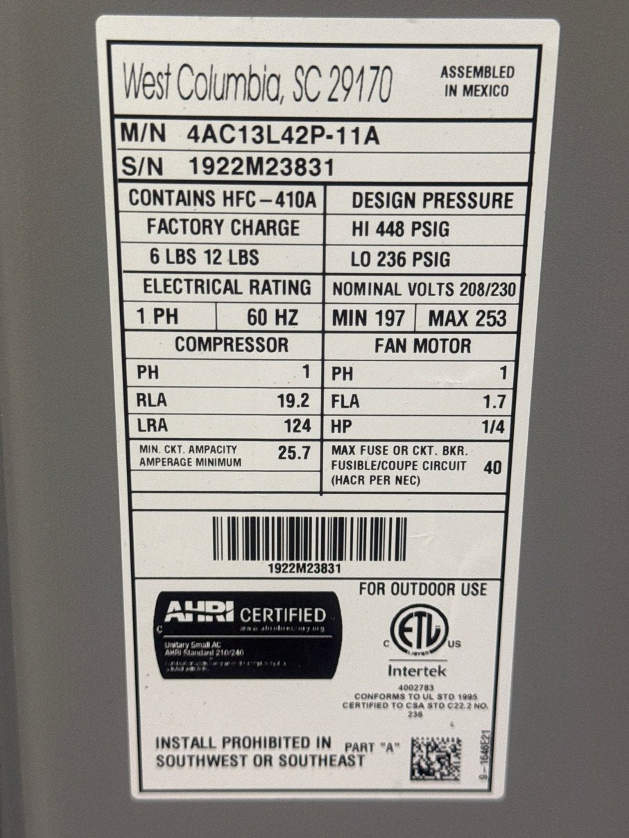 3.5 Ton Split-System Air Conditioner 13 SEER 208-230/60/1 R-410A