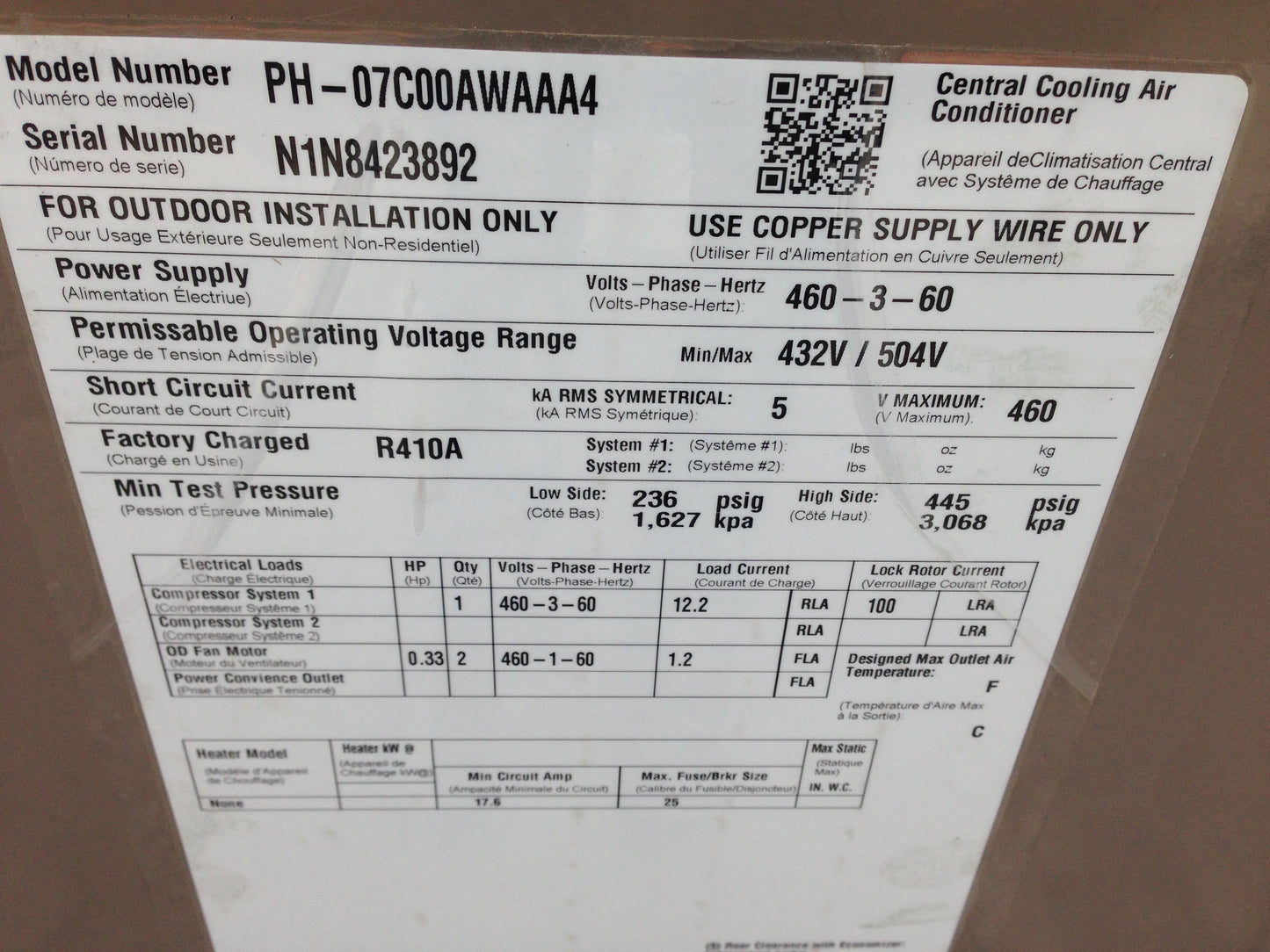 7.5 Ton Split System Heat Pump Unit, 11 EER 460/60/3 R-410A