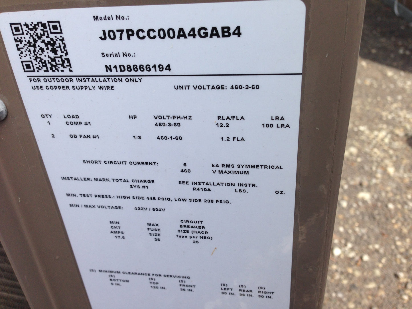 7.5 Ton Split System Heat Pump Unit, 460/60/3, R-410A
