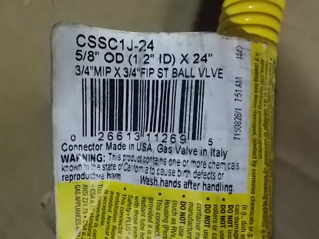 5/8"FPT X 24"LONG "ProCoat" CORRUGATED STAINLESS STEEL GAS APPLIANCE CONNECTOR/W 3/4"FPT BALL VALVE