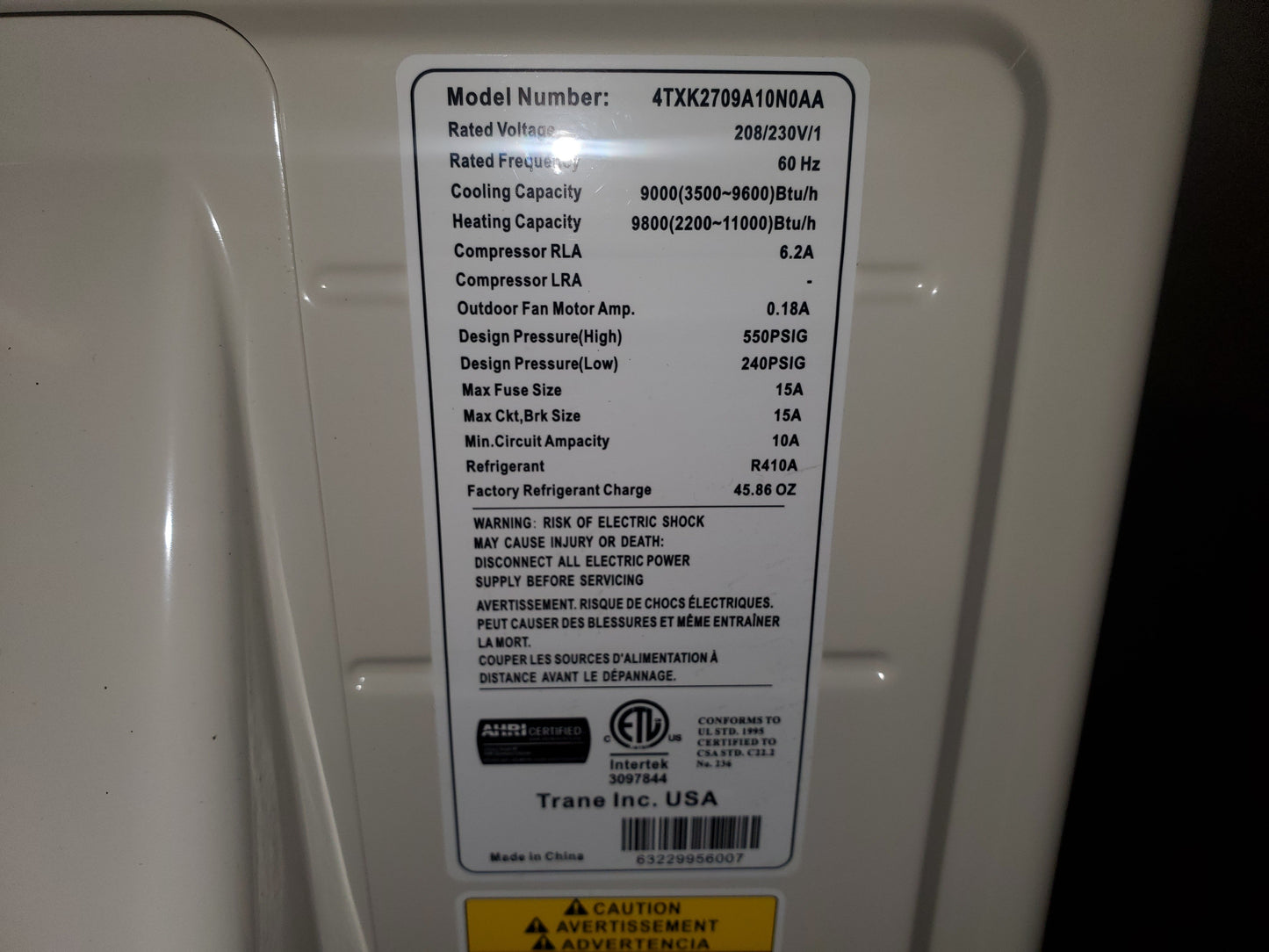 9,000 BTU Single-Zone Heat Pump DC Inverter Outdoor Mini-Split Unit; 27 SEER, 208-230/60/1, R-410A