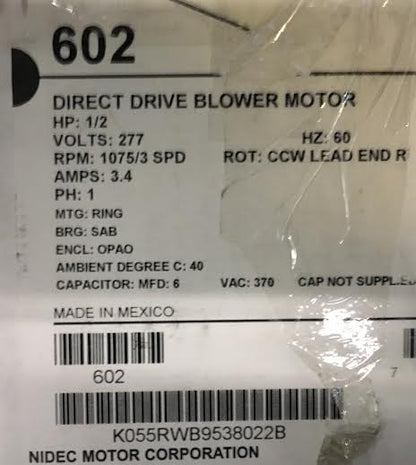 1/2 HP DIRECT DRIVE BLOWER MOTOR 277/60/1 1075/3-SPEED
