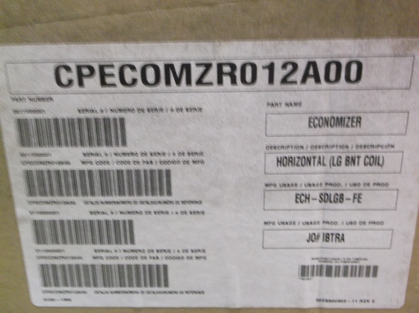 HORIZONTAL ECONOMIZER ACCESSORY 3 TO 5 TON