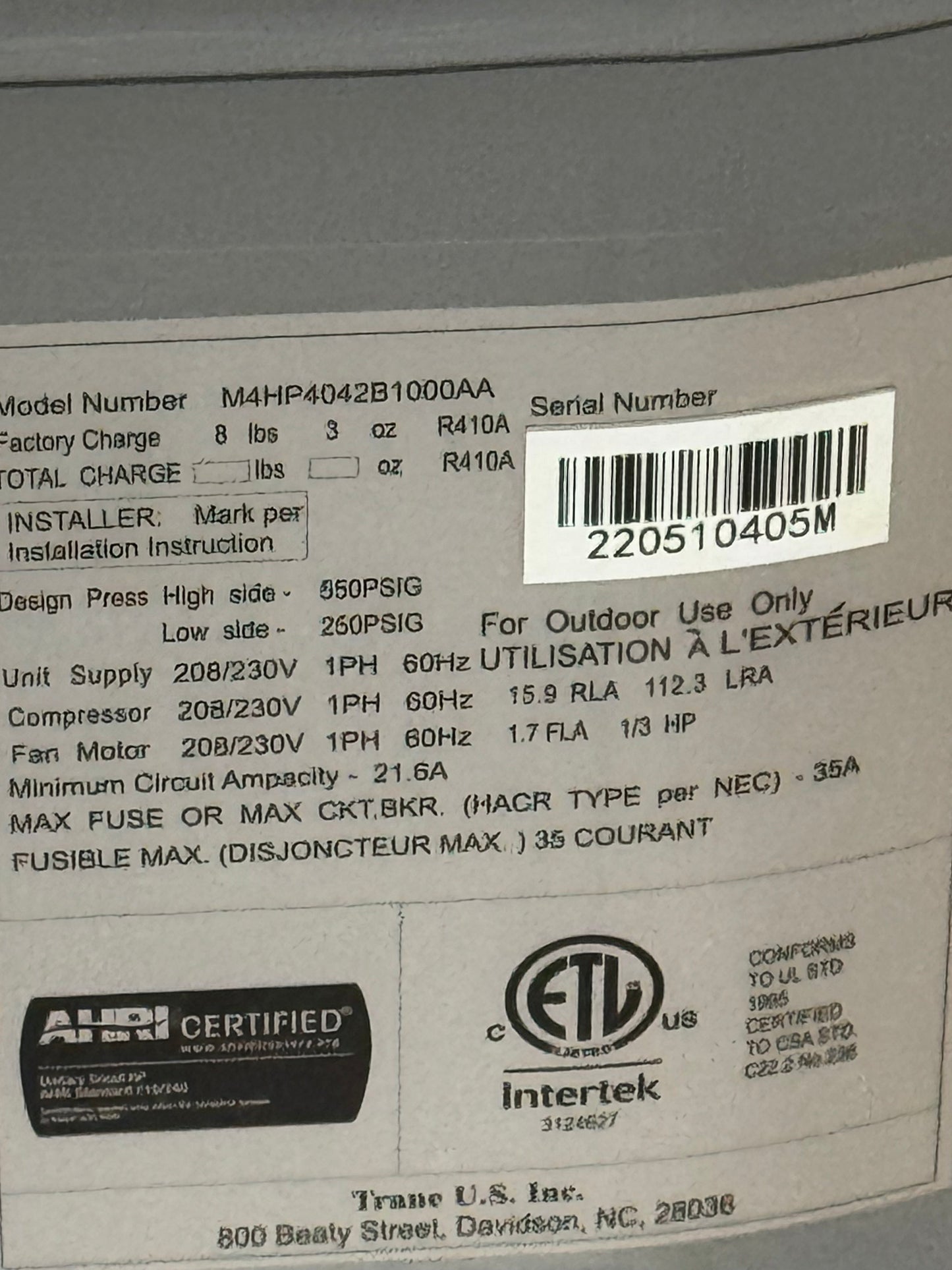 3.5 Ton Split-System Heat Pump 208-230/60/1 R-410A 14 Seer