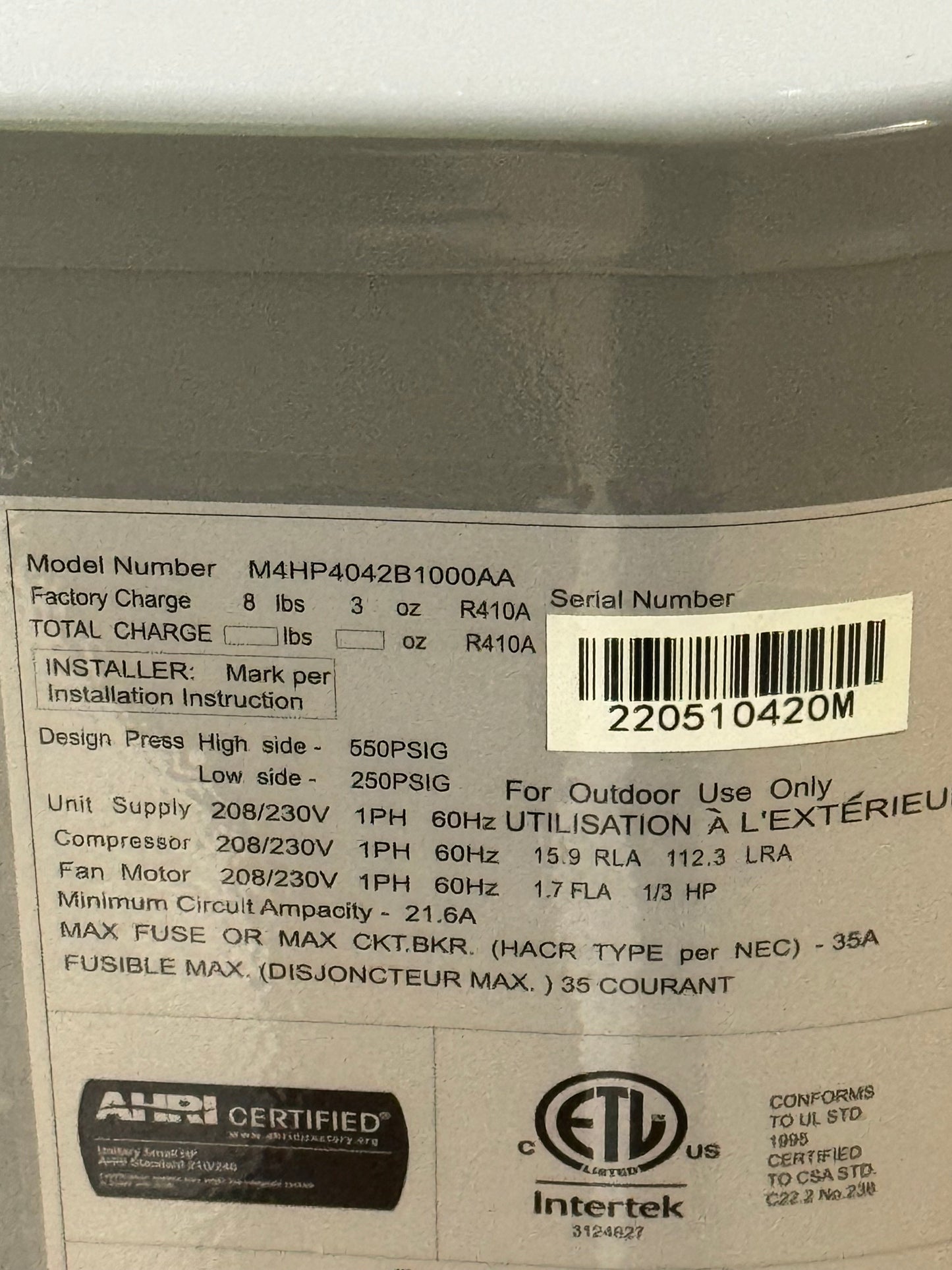 3.5 Ton Split-System Heat Pump 208-230/60/1 R-410A 14 Seer