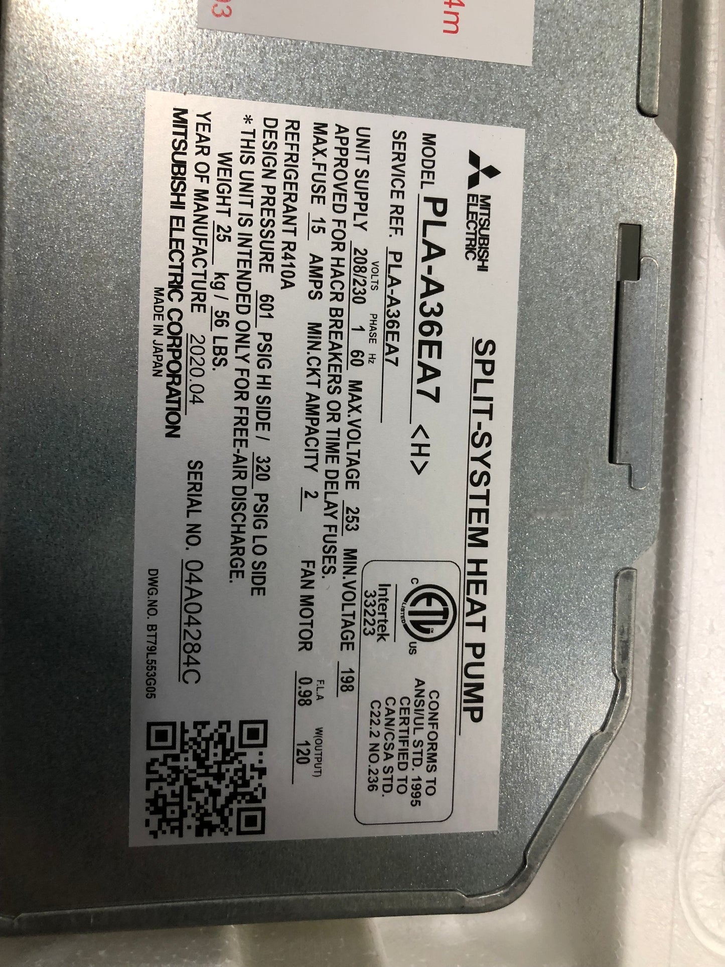 Unidad minisplit de bomba de calor para interiores con casete empotrado en el techo de 36 000 Btu, 208-230/60/1 R-410A CFM 1200