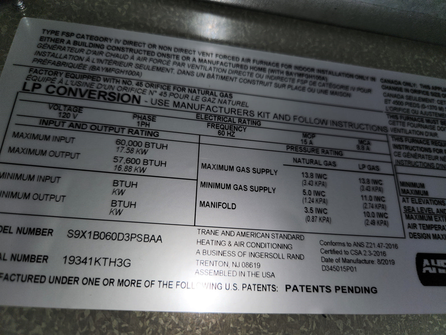 60,000 Btu Single-Stage ECM Downflow Gas Furnace, 96.00% 115/60/1 CFM 1604