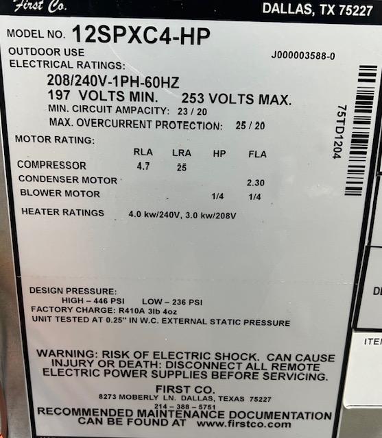 1 Ton Vertical Through-The-Wall Packaged Heat Pump Unit/W 4 Kw, 208-230/60/1, Eer: 11