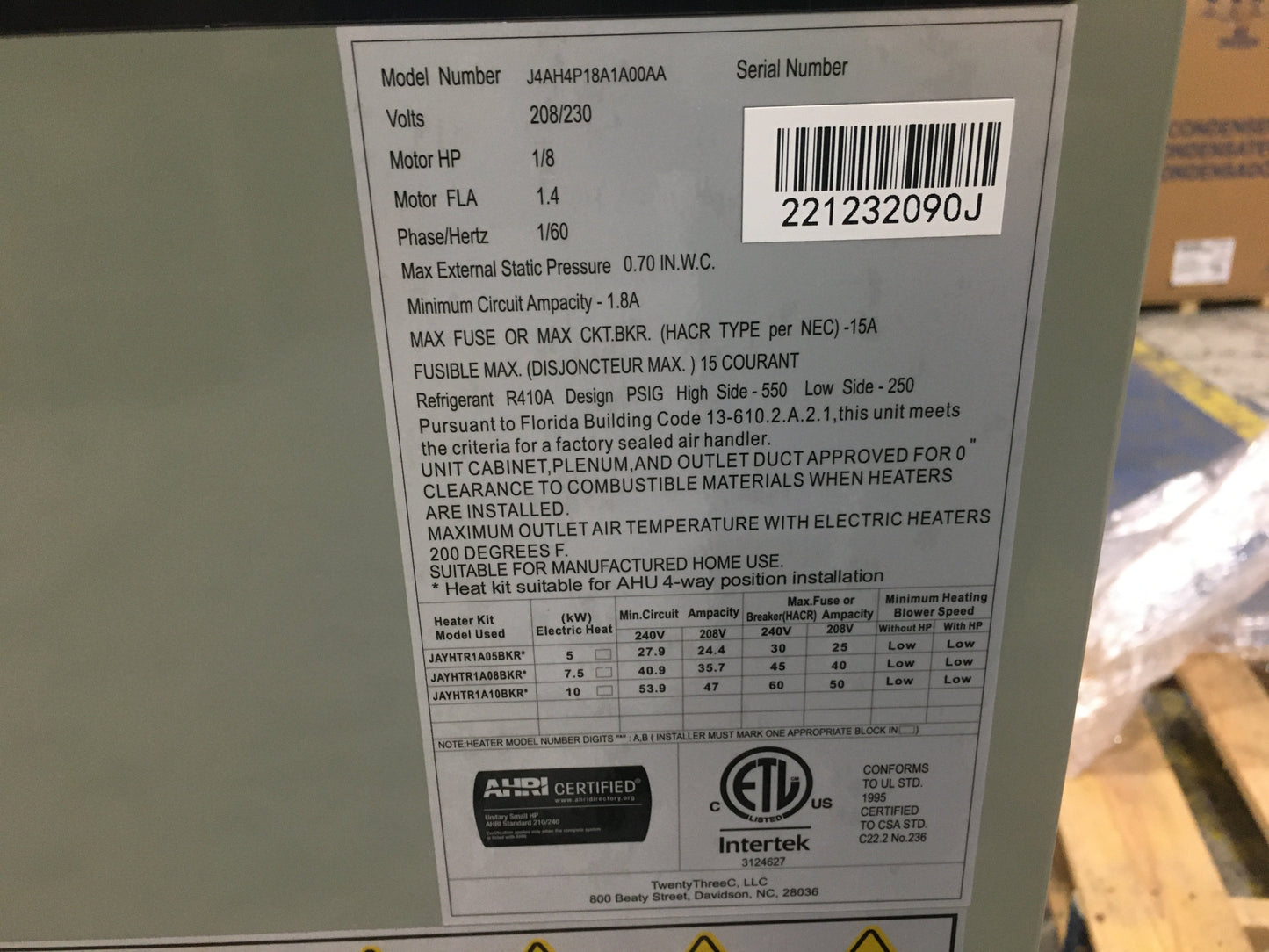 1.5 Ton AC/HP Multiposition PSC Fan Coil, 208-230/60/1, R-410A, CFM 800