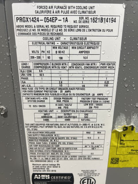 2 Ton A-Series Gas/Electric Packaged Unit Low NOx, 14 SEER, 208-230/60/1, R-410A