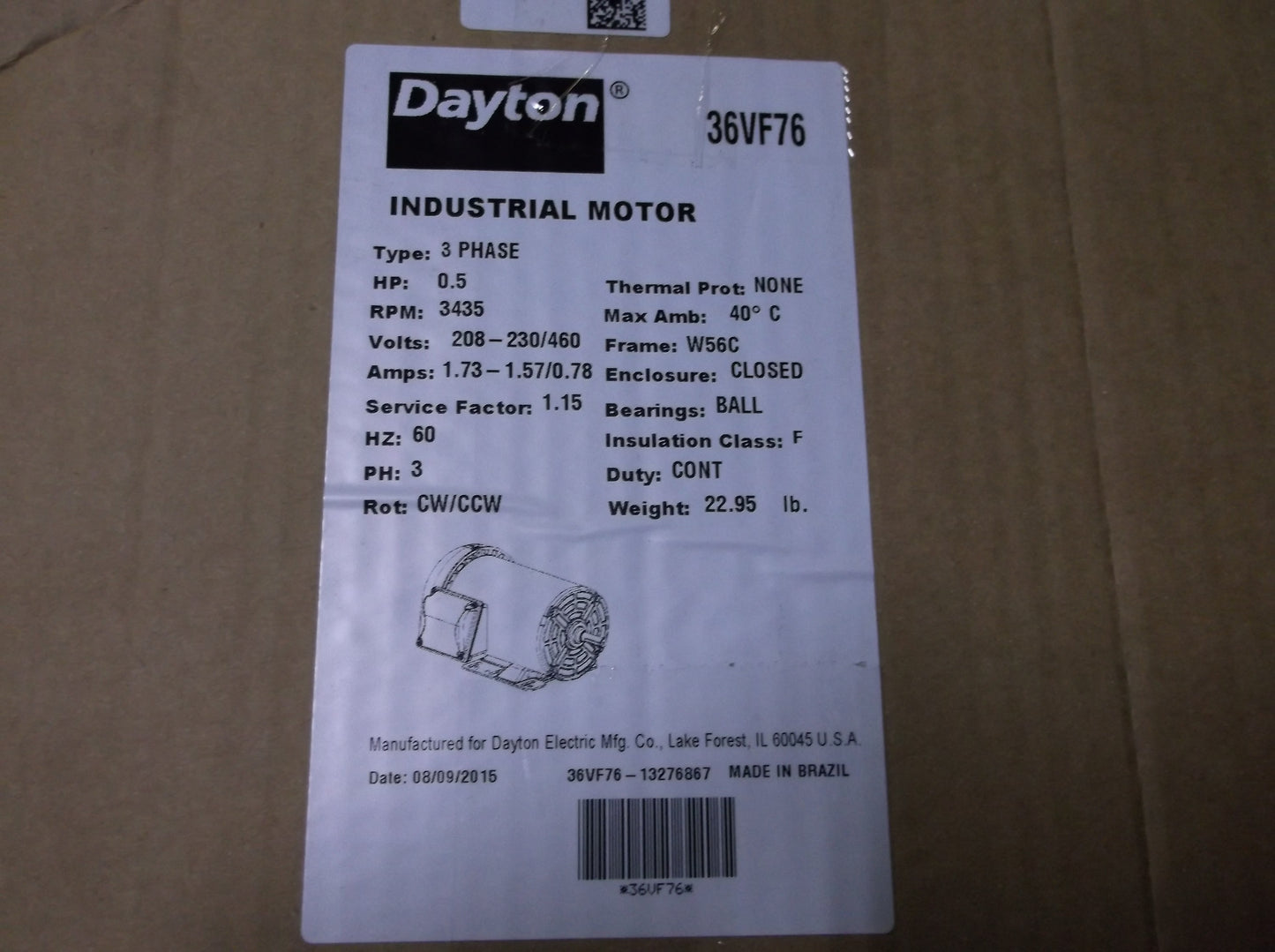 1/2HP PREMIUM EFFICIENCY INVERTER RATED INDUSTRIAL MOTOR 208-230/460/60/3 RPM:3435/1-SPEED