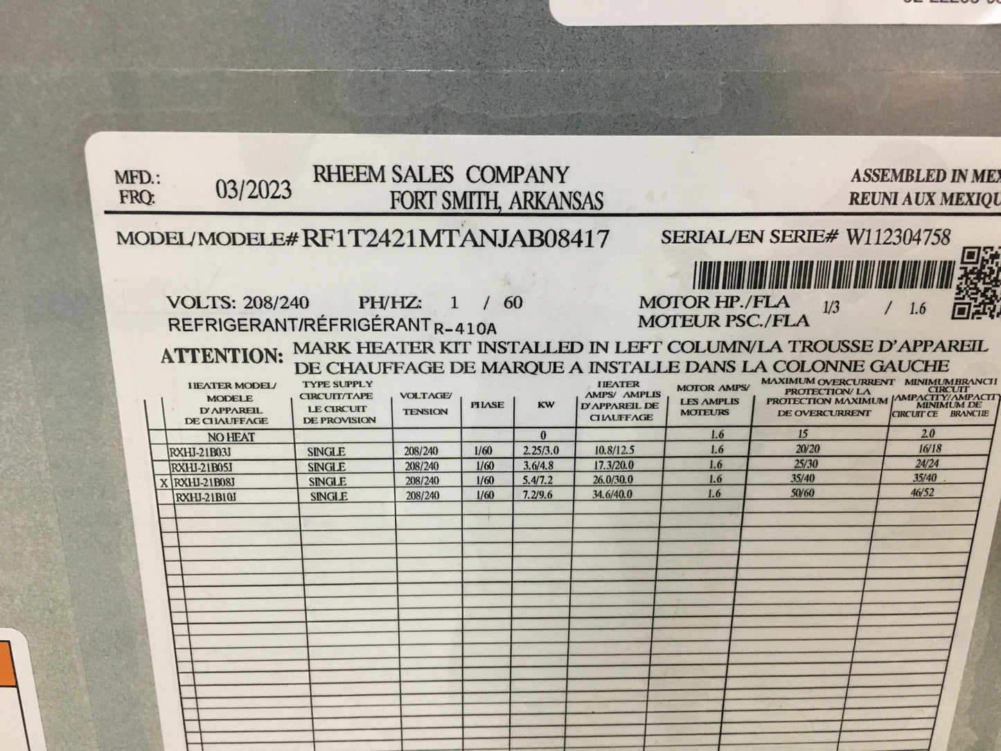 2 Ton AC/HP ECM Wall Mounted Air Handler with 8 KW Heat; 208-240/60/1, R-410A, CFM 800