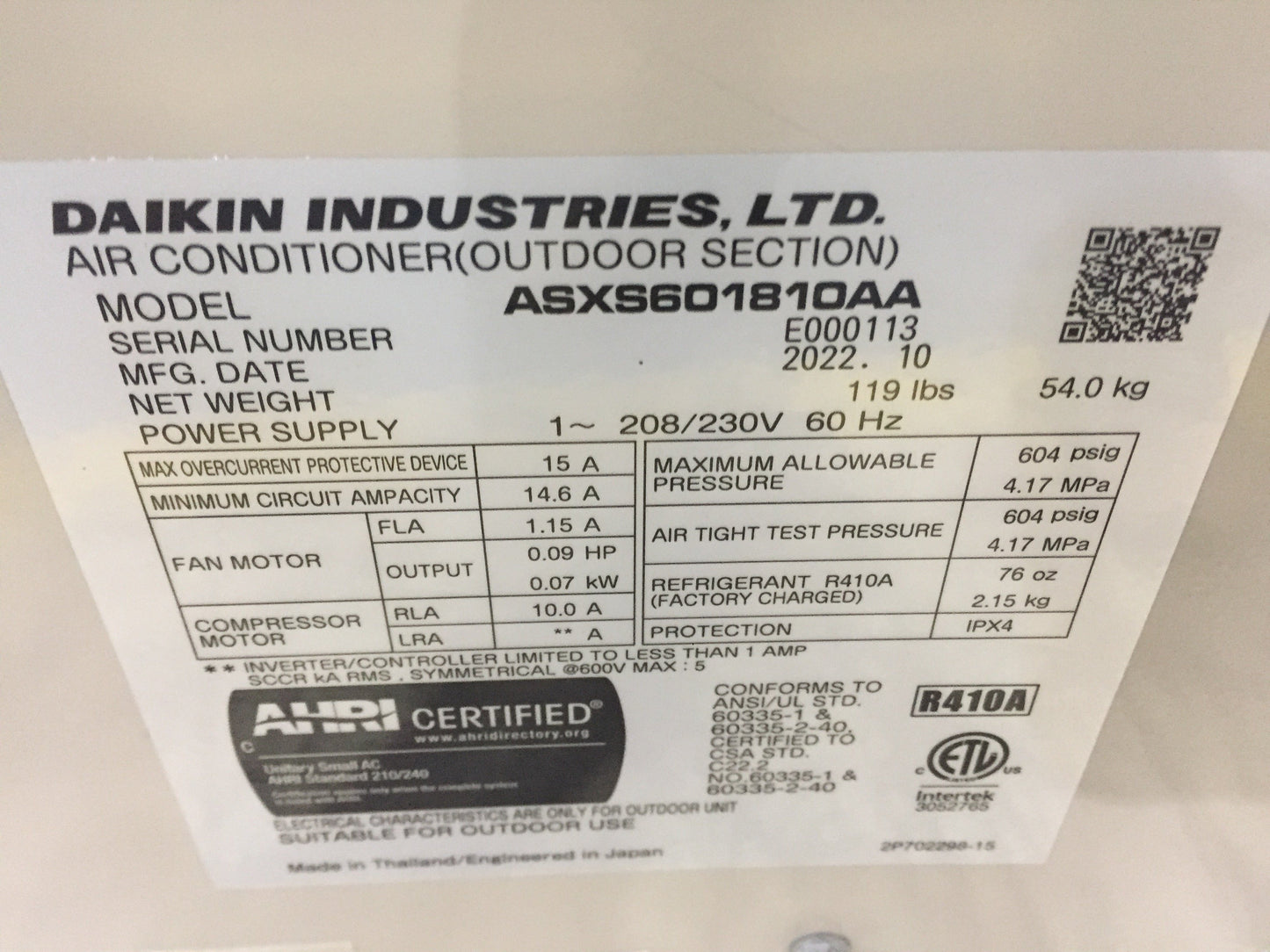 1.5 Ton Split-System 2 Stage Comm Inverter Var Spd Air Conditioner 208-230/60/1 R410A 16 SEER