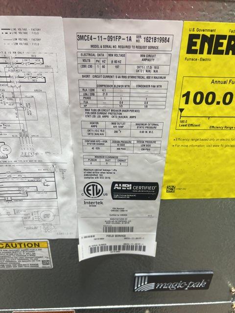 0.75 Ton Magic Pak Ac Packaged Unit With 3 KW Installed Electric Heat, 11 EER, 208-230/60/1, R410A