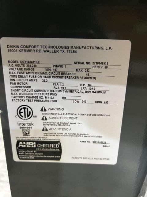 4 Ton Single Stage Split-System Air Conditioner 208-230/60/1 R410A 14 SEER