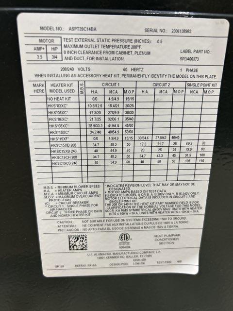 3 Ton AC/HP ECM Multiposition Air Handler 208-240/60/1 R-410A CFM 1200