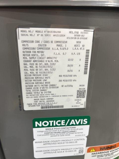 1.5 Ton Split-System Air Conditioner 208-230/60/1 R410A 16 SEER