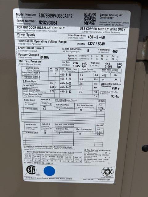 6.5 Ton 2-Stg Convertible Packaged Air Conditioning Unit W/9KW Heat, 11.8 EER, 460/60/3, R410A
