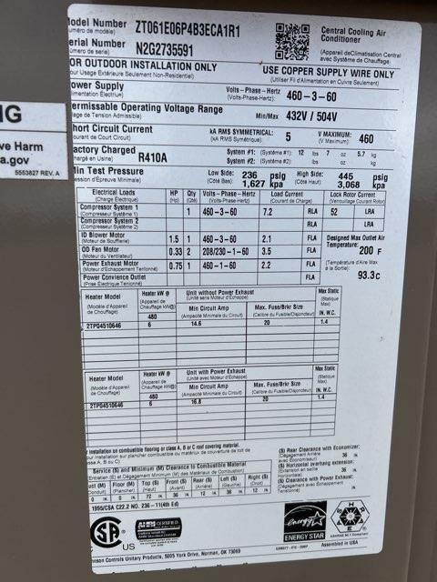 5 Ton 2-Stg Convertible Packaged Air Conditioning Unit W/ 6 KW Heat, 16.3 SEER, 460/60/3, R410A