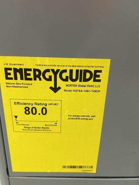 126,000 BTU Low NOx 1-Stg Upflow/Horizontal ECM Multi Speed Gas Furnace 80% 115/60/1 CFM: 2230