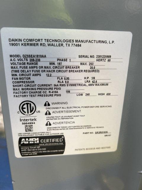 1.5 Ton Split System Heat Pump; 208-230/60/1, 15.2 Seer2, R-410A