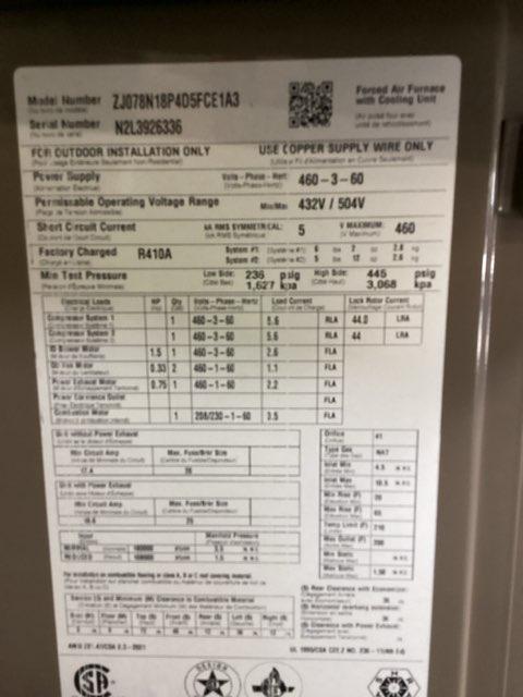 6.5 Ton Two-Stage Convertible Natural Gas/Electric Packaged Unit, 11.8 EER, 460/60/3, R410A