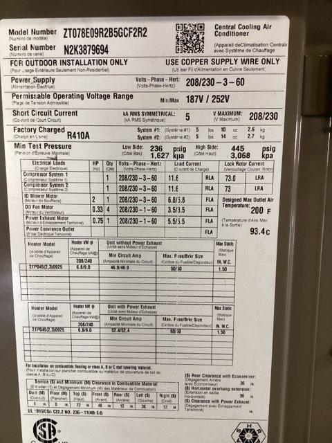 6.5 Ton 3-Stg Convertible Packaged Air Conditioning Unit W/ 9 Kw Heat, 12.6 EER, 208-230/60/3, R410A