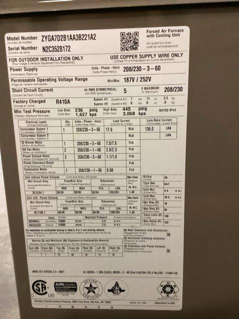 6 Ton Two-Stage Convertible Natural Gas/Electric Packaged Unit, 12 EER, 208-230/60/3, R410A