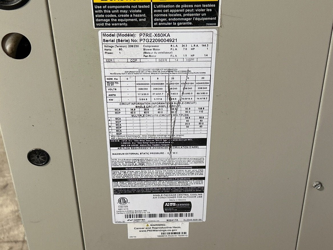 5 Ton Single-Stage Convertible Packaged Air Conditioning Unit, 14 SEER, 208-230/60/1, R410A