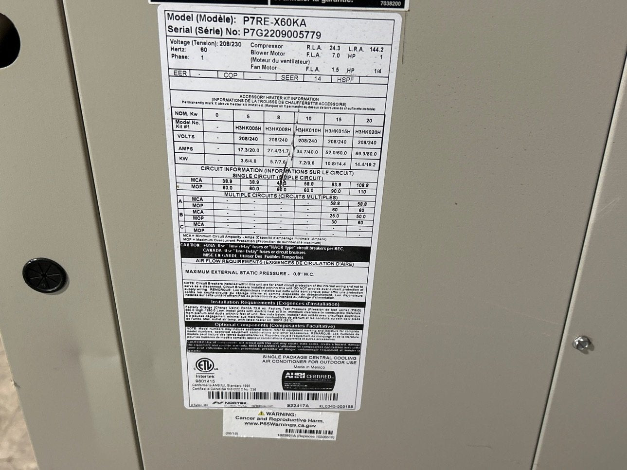 5 Ton Single-Stage Convertible Packaged Air Conditioning Unit, 14 SEER, 208-230/60/1, R410A