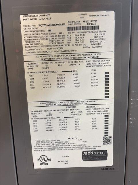 5 Ton Single-Stage Horizontal Packaged Heat Pump Unit, 14 SEER, 208-230/60/1, R410A