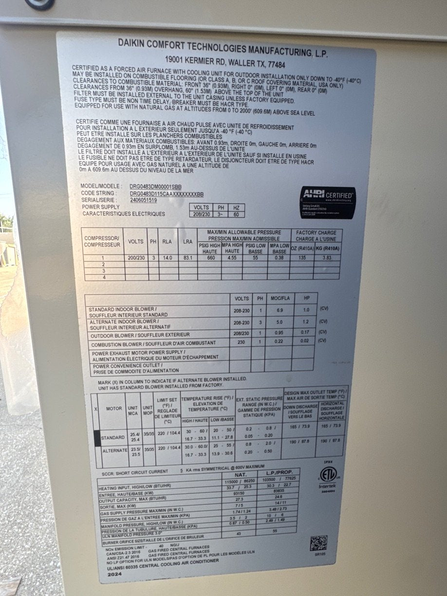 4 Ton Two-Stage Convertible Natural Gas/Electric Packaged Unit, 17 SEER, 208-230/60/3, R410A