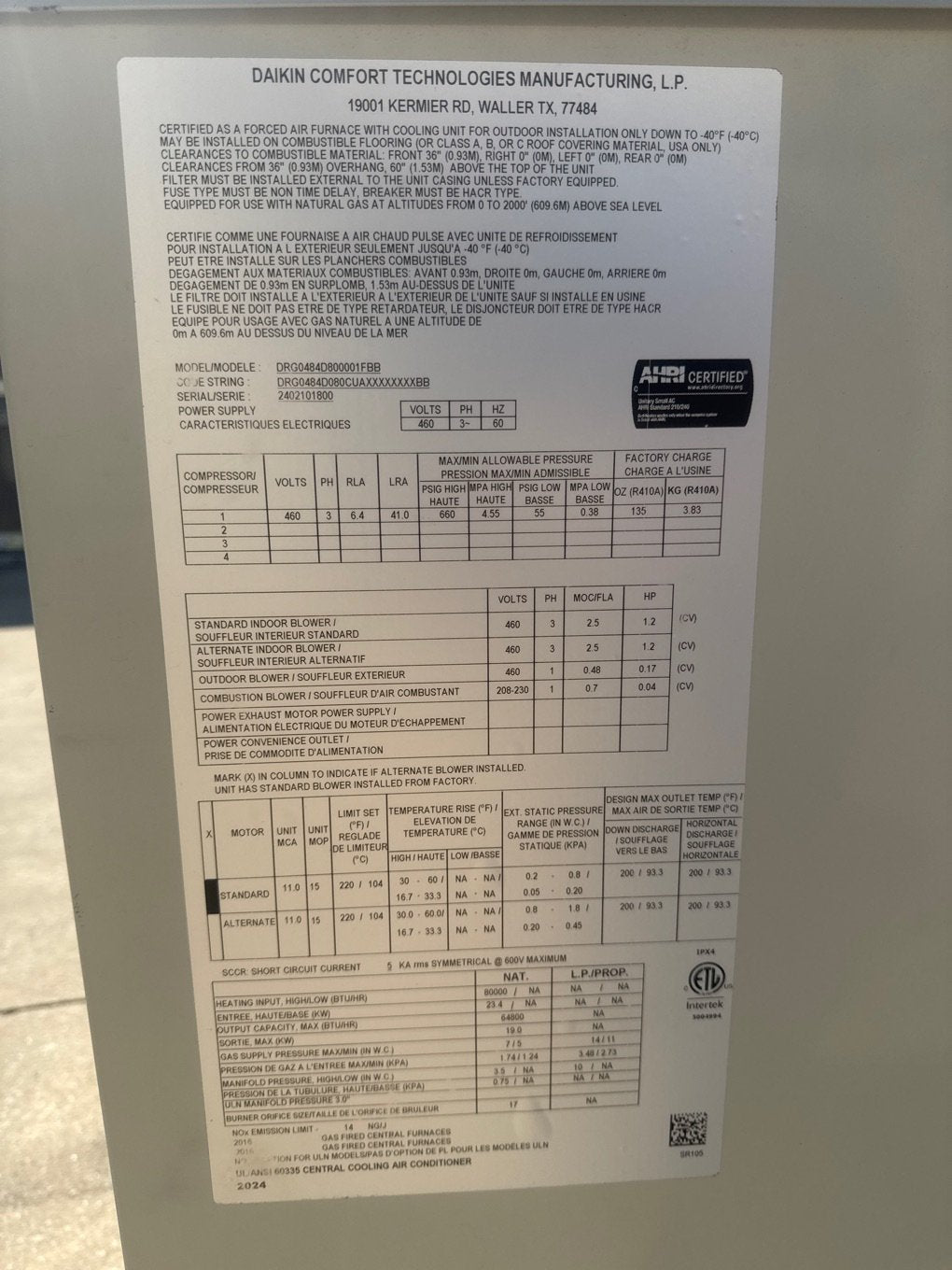4 Ton Ultra Low NOx Two-Stage Convertible Natural G/E Packaged Unit, 16.4 SEER2, 460/60/3, R410A