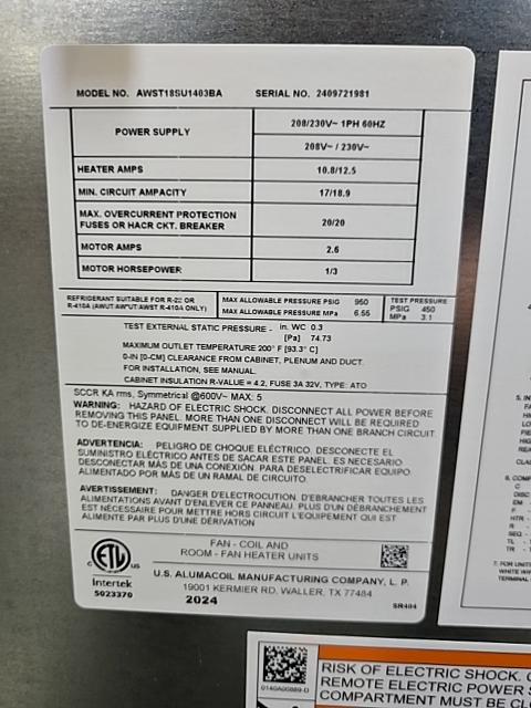 1.5 Ton 1-Stg SS AC R410A 14.3 SEER2 and 1.5 Ton Wall Mounted ECM Air Handler With 3 KW Heat CFM 846