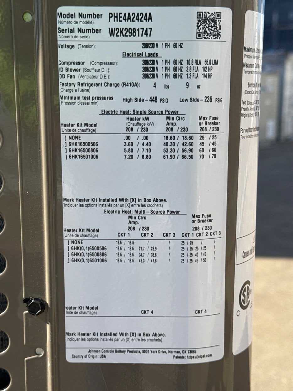 2 Ton Single-Stage Convertible Packaged Heat Pump Unit, 14 SEER, 208-230/60/1, R410A