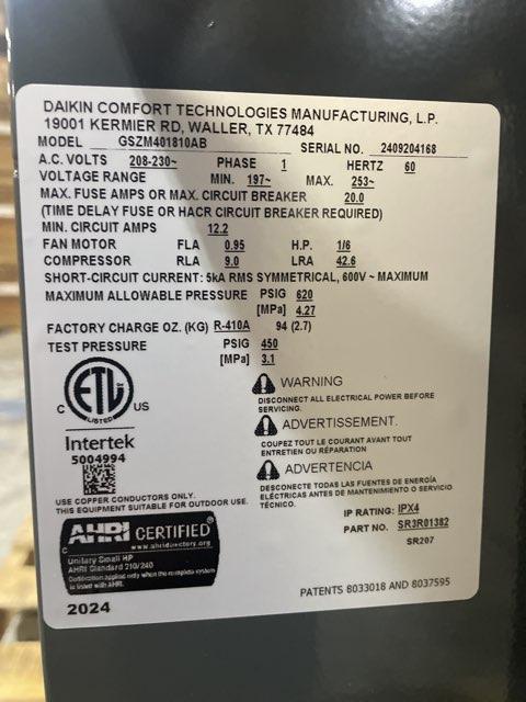 1.5 Ton Single-Stage Split-System Heat Pump 208-230/60/1 R410A 14.3 SEER2