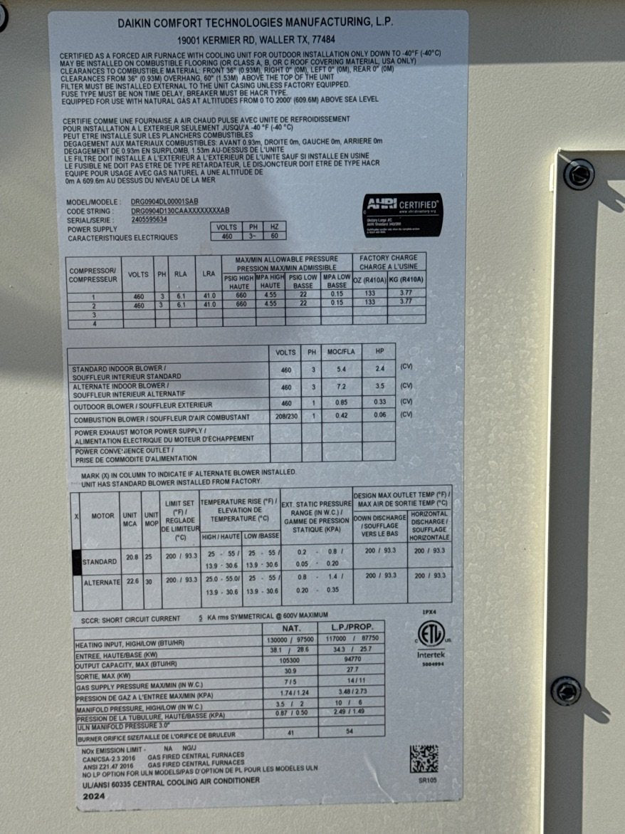 7.5 Ton Two-Stage Convertible Natural Gas/Electric Packaged Unit, 12.2 EER, 460/60/3, R410A
