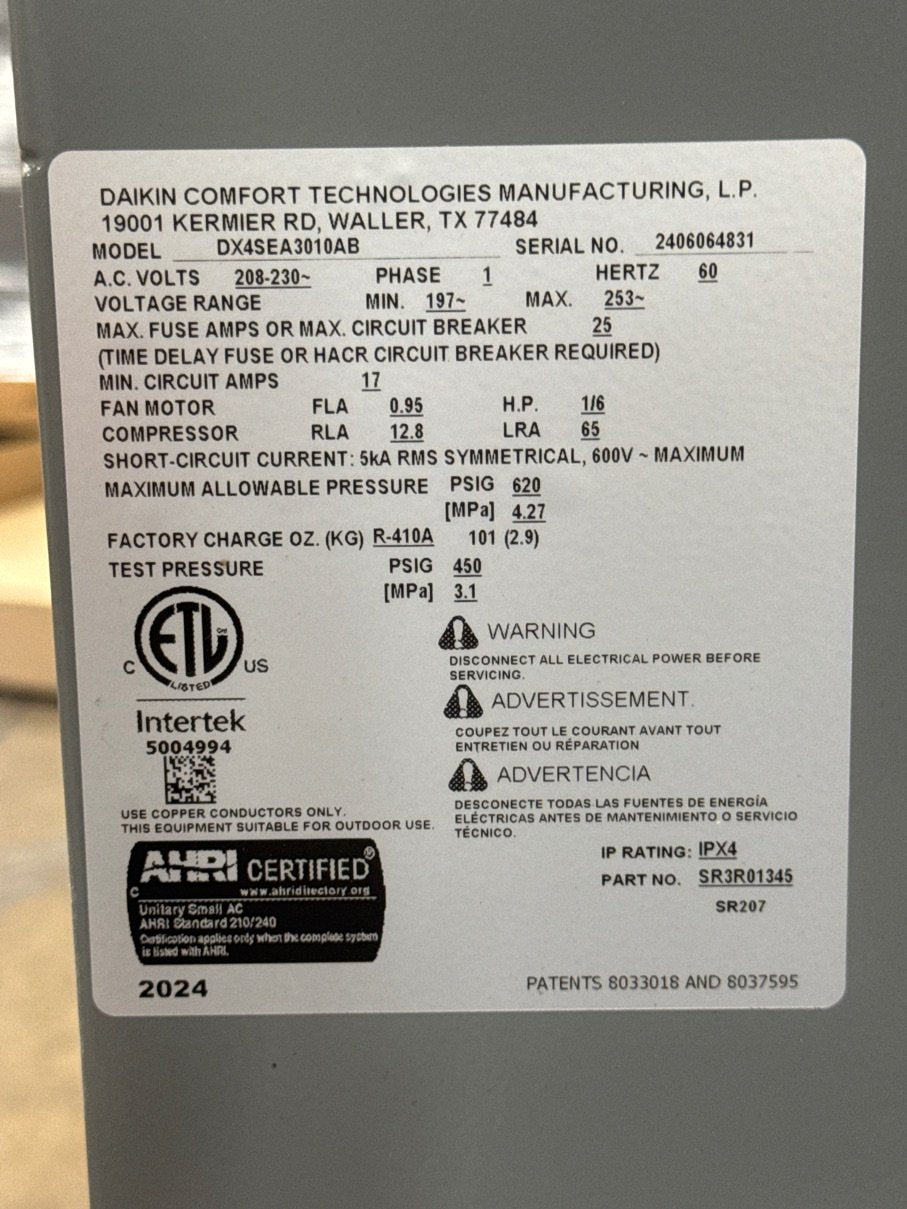 2.5 Ton Single-Stage Split-System Air Conditioner 208-230/60/1 R410A 14.3 SEER2