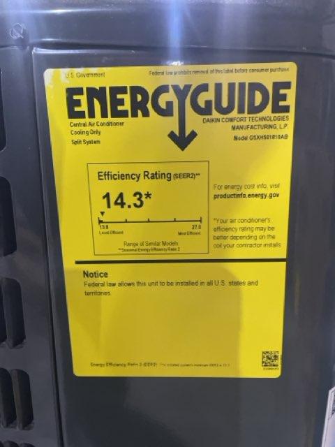 1.5 Ton Single-Stage Split-System Air Conditioner 208-230/60/1 R410A 14.3 SEER2