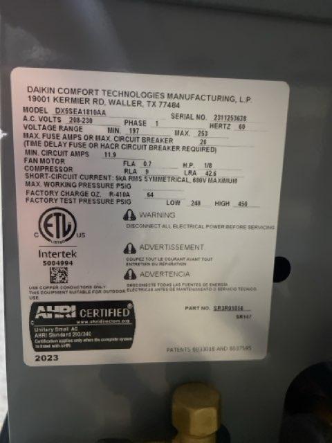 1.5 Ton Single-Stage Split-System Air Conditioner 208-230/60/1 R410A 14.3 SEER2