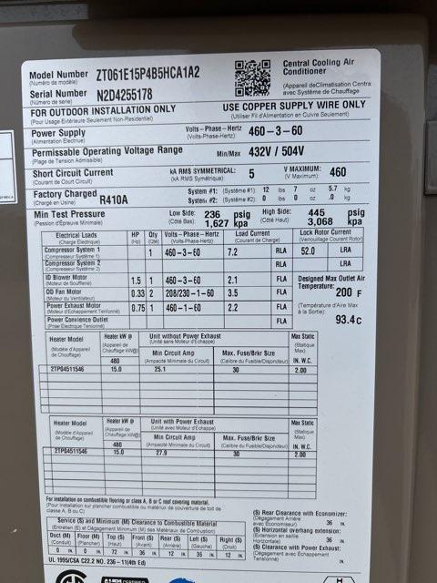 5 Ton 2-Stg Convertible Packaged Air Conditioning Unit W/ 15 Kw Heat, 16.3 SEER, 460/60/3, R410A