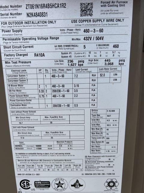 5 Ton Two-Stage Convertible Natural Gas/Electric Packaged Unit, 16.3 SEER, 460/60/3, R410A